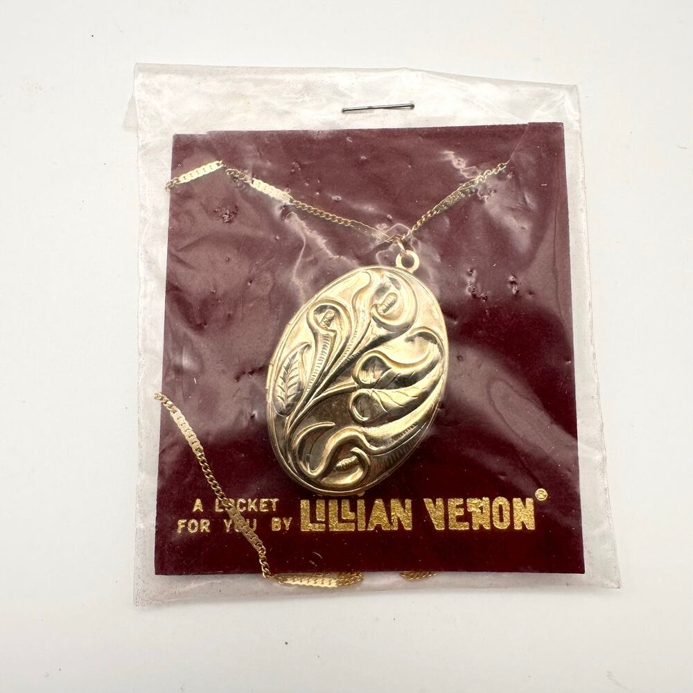 Lillian Vernon Gold Tone Floral Embossed Oval Locket on Chain New Vintage